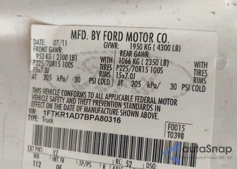2011 Ford Ranger Xl from USA, damaged, VIN 1FTKR1AD7BPA80316